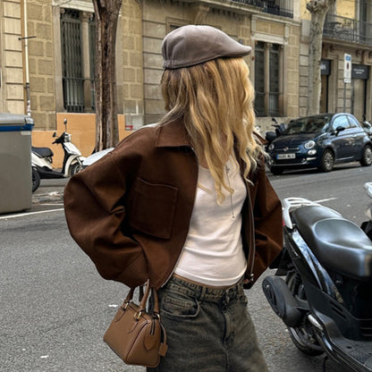 Ladies Short Suede Look Jacket with Zipper and Oversized Sleeves EVA-US