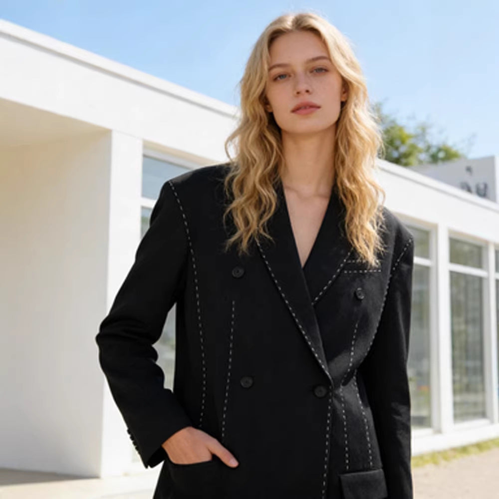 Women's Double-Breasted Oversized Blazer Coat with Distinctive Shoulder Area & Decorative Stitching EVA-US