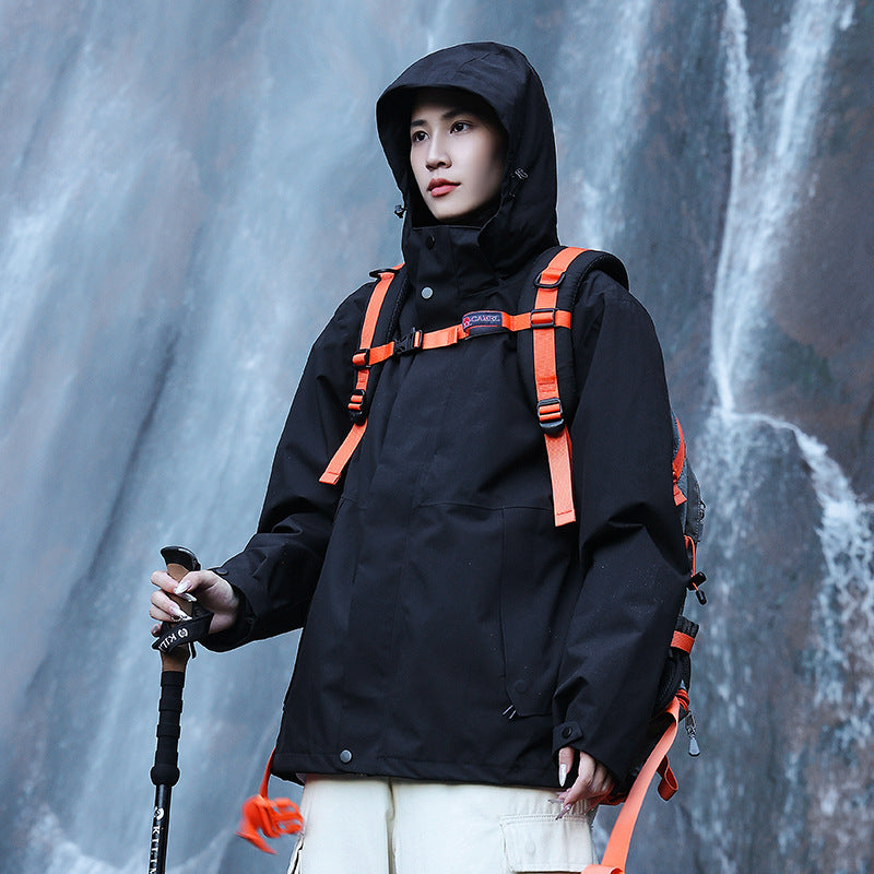 Women’s technical multi-layer hardshell rain jacket with adjustable hood, chest strap, and water-resistant zippers EVA-US