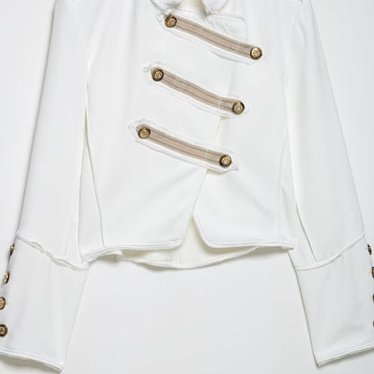Ladies short jacket in military style with asymmetrical decorative strip, shoulder epaulettes and gold buttons EVA-US