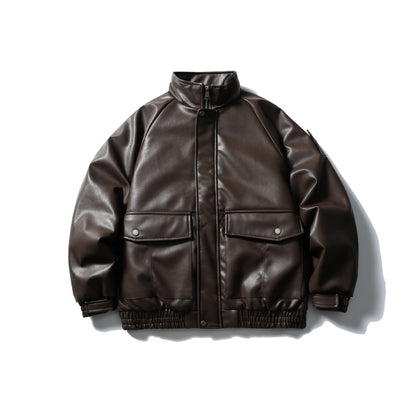 Men's Padded Faux Leather Bomber Jacket with High Stand-up Collar and Flap Pockets EVA-US
