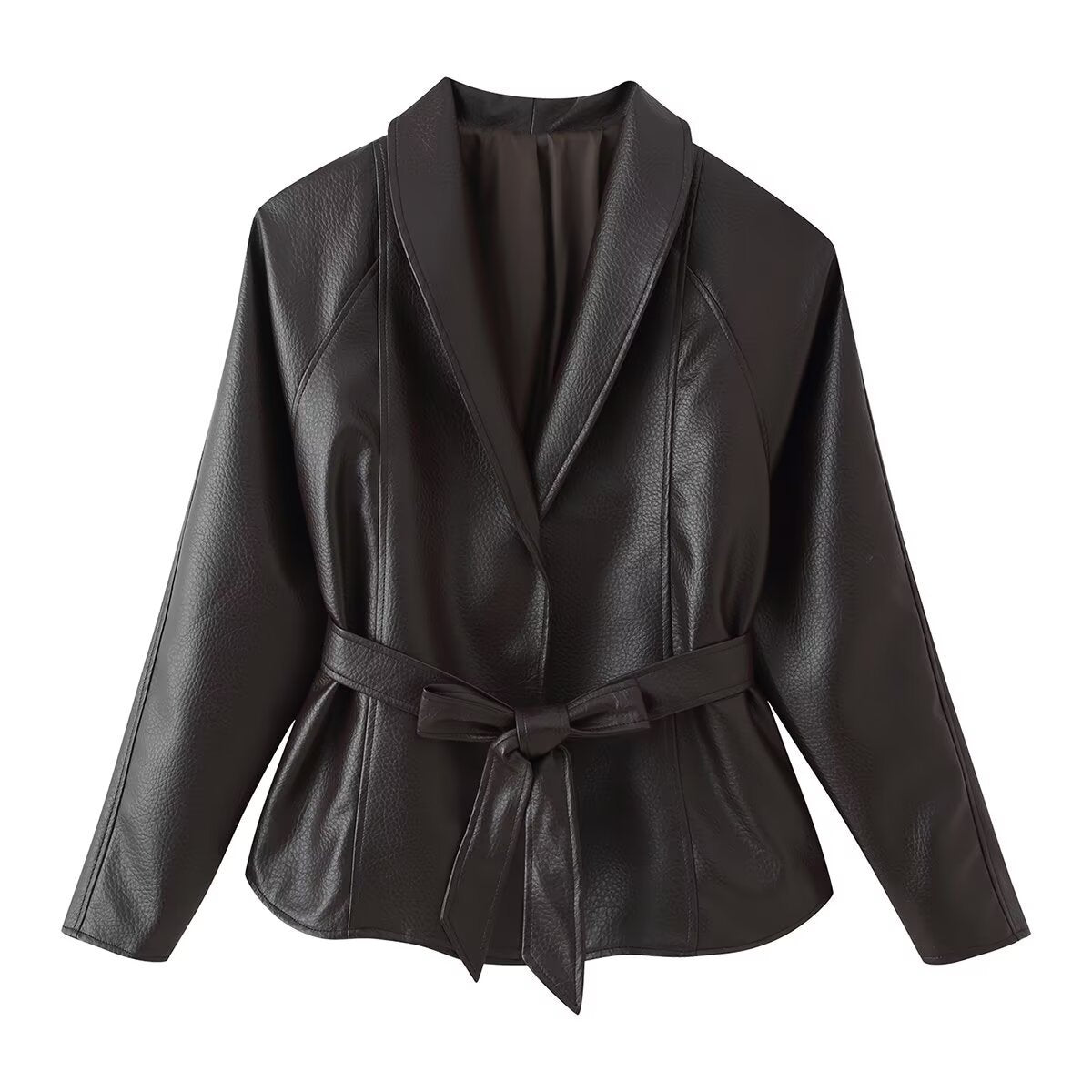 Women's short blazer made of vegan leather with shawl collar and waist tie belt EVA-US