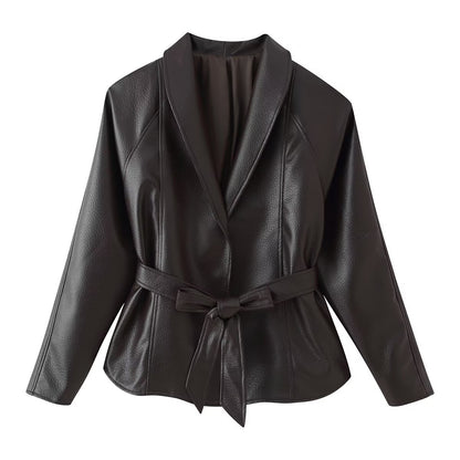 Women's short blazer made of vegan leather with shawl collar and waist tie belt EVA-US