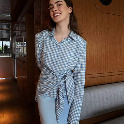 Women's Gingham Wrap Blouse with Side Waist Tie and Shirt Collar EVA-US