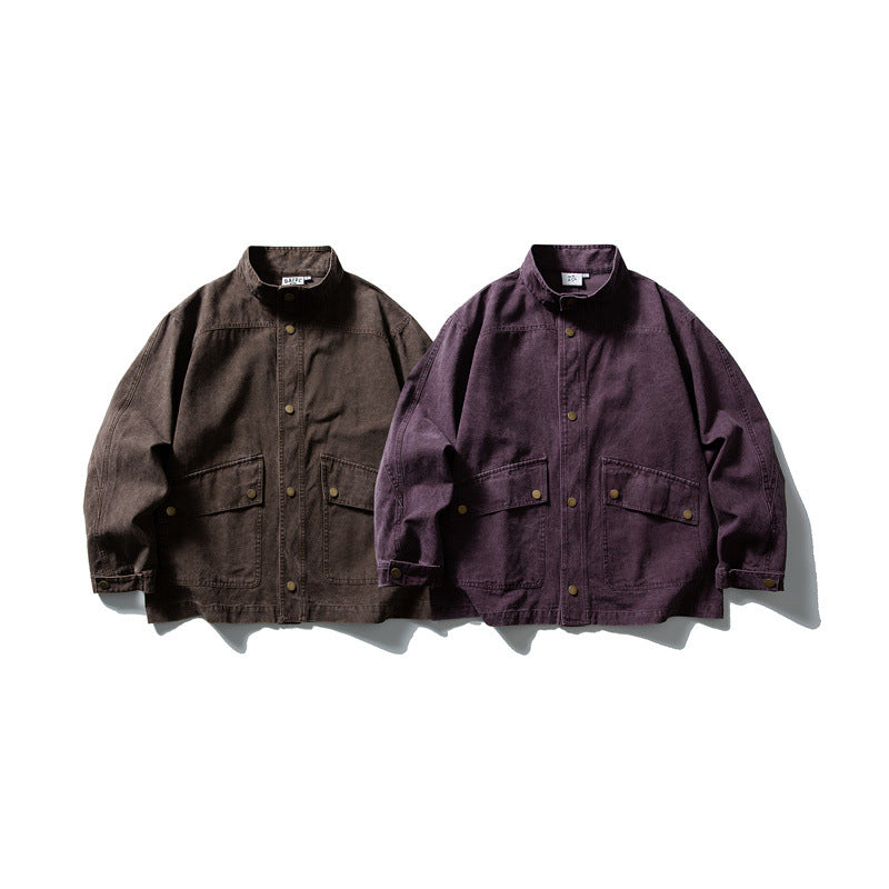 Unisex cleverly tailored canvas worker blouson jacket with stand-up collar and snap button front EVA-US