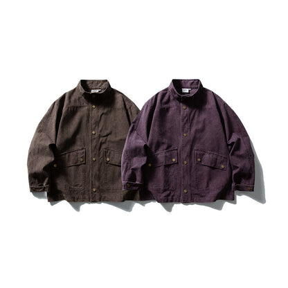 Unisex cleverly tailored canvas worker blouson jacket with stand-up collar and snap button front EVA-US