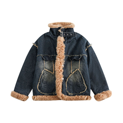 Women's denim jacket with teddy lining, high buckle collar and used effect EVA-US