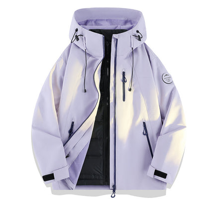 Women Lightweight Waterproof Hooded Jacket with Teddy Charm and Concealed Zipper Pockets EVA-US