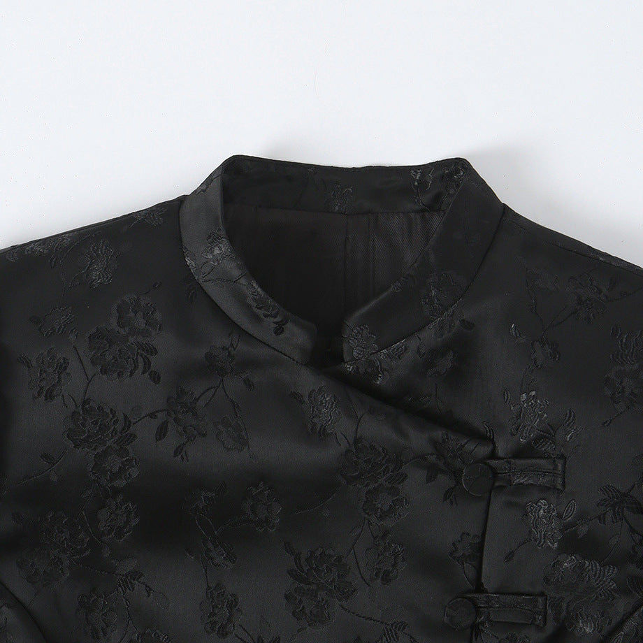 Women's Tailored Jacquard Blazer Jacket with Mandarin Collar and Decorative Knot Closure EVA-US