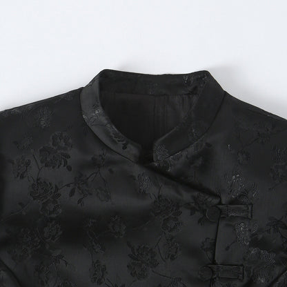 Women's Tailored Jacquard Blazer Jacket with Mandarin Collar and Decorative Knot Closure EVA-US