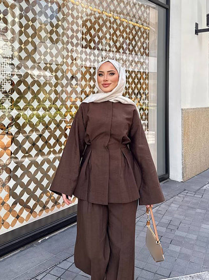 Ladies two-piece linen set with tailored pleat, wide leg and zip jacket EVA-US