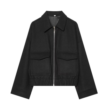 Ladies short jacket made of wool blend with zipper, flap pockets and elastic hem EVA-US