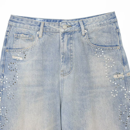 Women's jeans with a high waist, wide leg, rhinestone trim, and destroyed details EVA-US