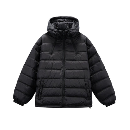 Men's Boxy Puffer Jacket with high stand-up hood, double front zipper and drawstring