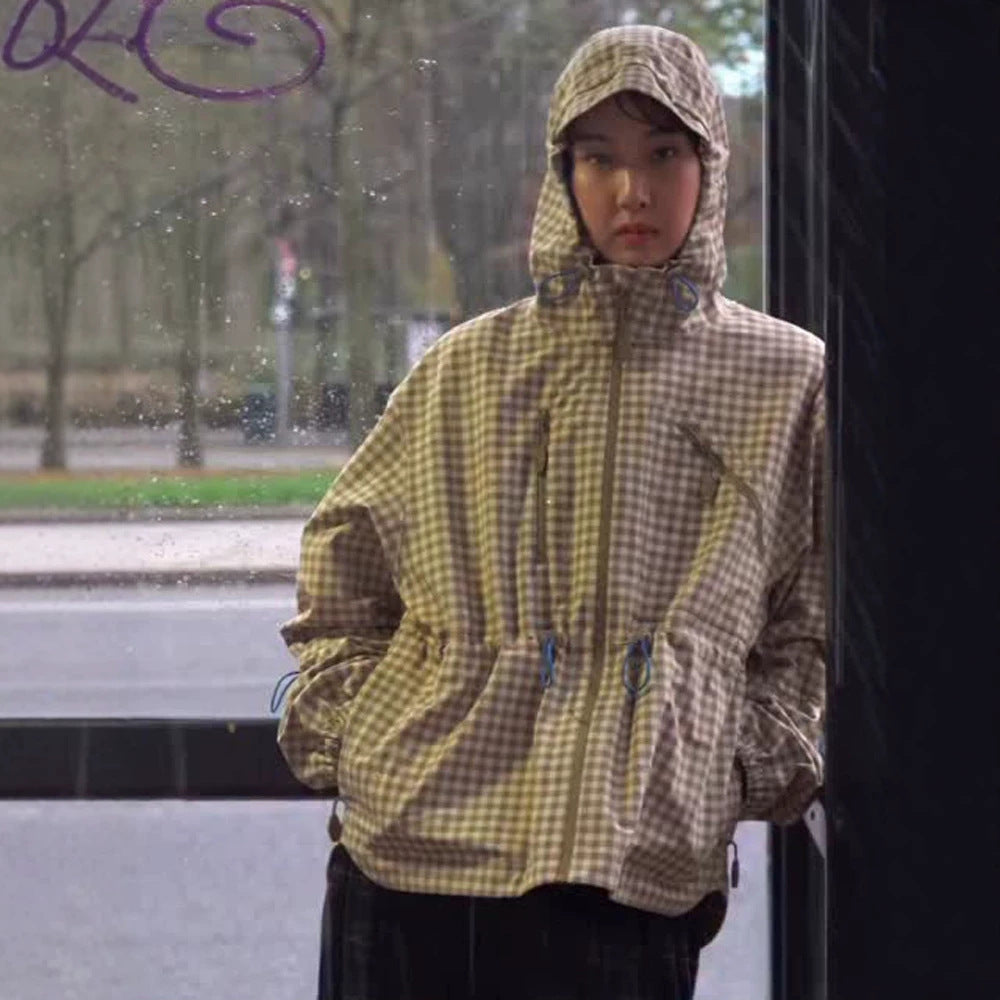 Women's Check Windbreaker with Waist Drawstring, Hood and Zipper EVA-US