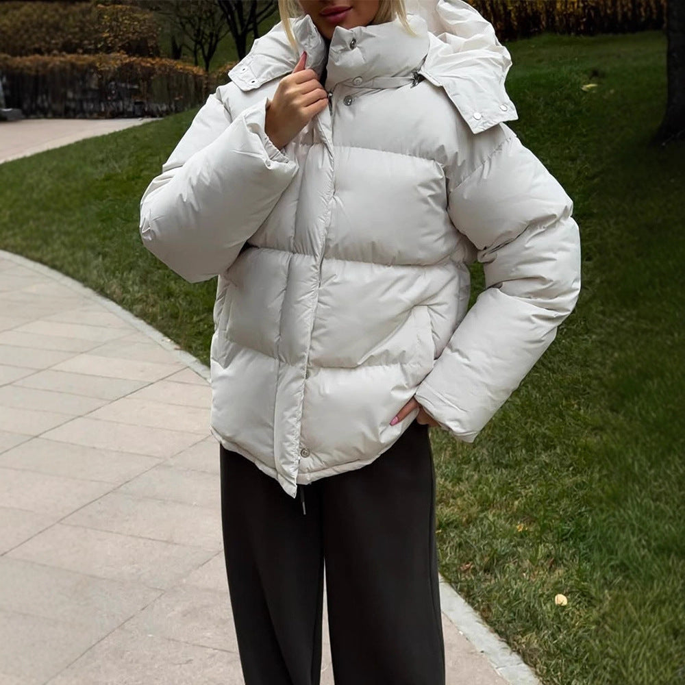 Ladies Short Windproof Quilted Puffer Jacket with Removable Hood and High Stand Collar EVA-US