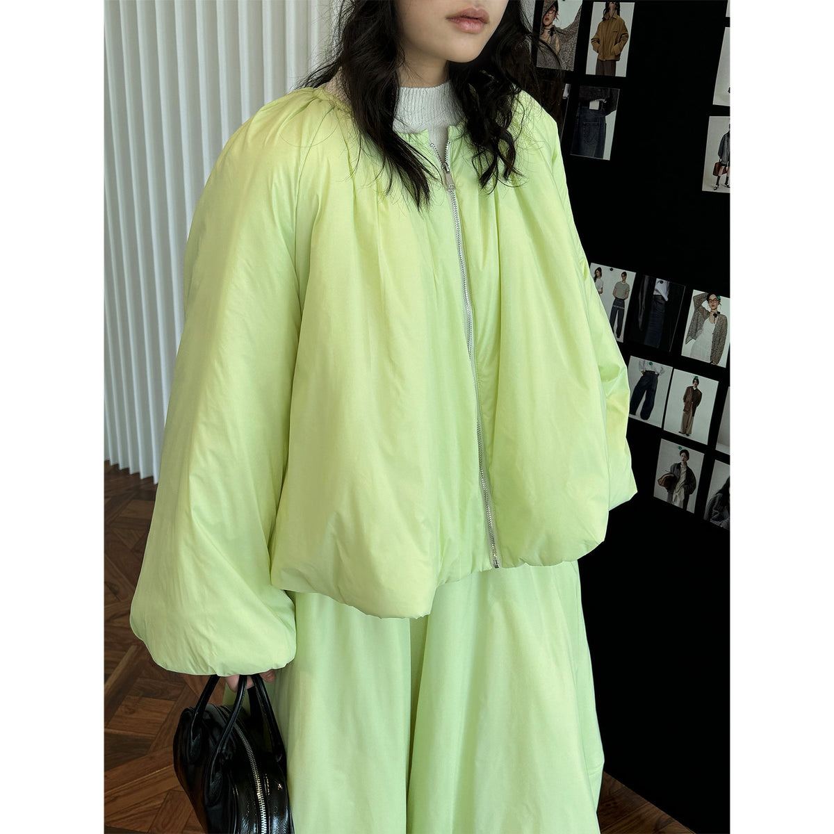 Women's Voluminous Bomber Jacket in Cape Style with Balloon Sleeves and Drawstring EVA-US