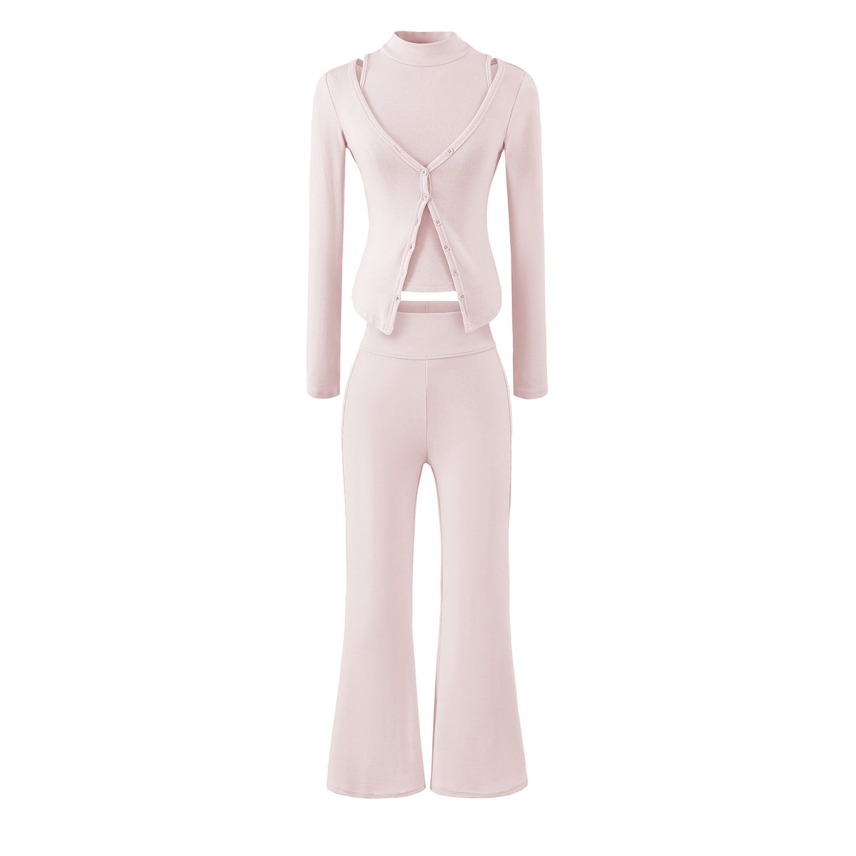 Women Figure-Hugging Layering Set with Turtleneck Long Sleeve and Asymmetrical Button Jacket and Flared High-Waist Pants EVA-US