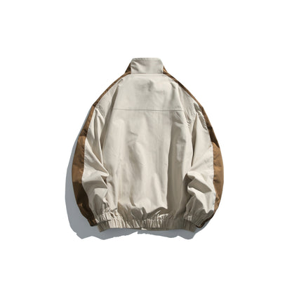 Unisex Sporty Track Jacket in Retro Windbreaker Design with Stand-up Collar and Contrast Stripes EVA-US