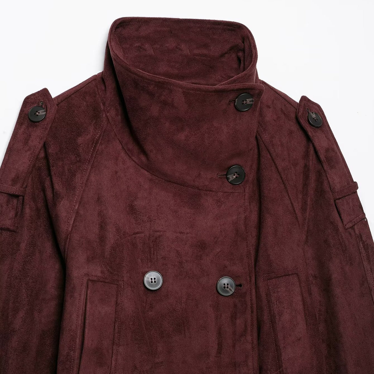 Women's short trench coat in suede look with high stand-up collar and tie belt EVA-US