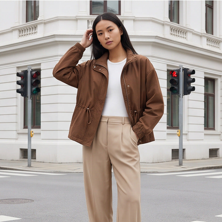 Women's utility field jacket with drawstring waist, high collar, and elastic cuffs EVA-US