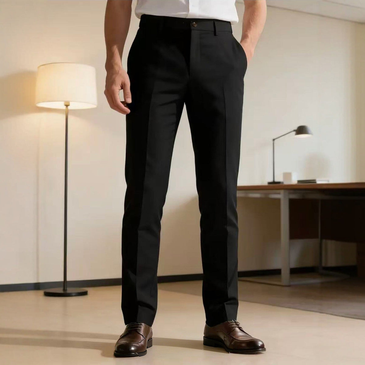 Men's narrow-cut business pants with crease, flat waistband, and stretch comfort EVA-US