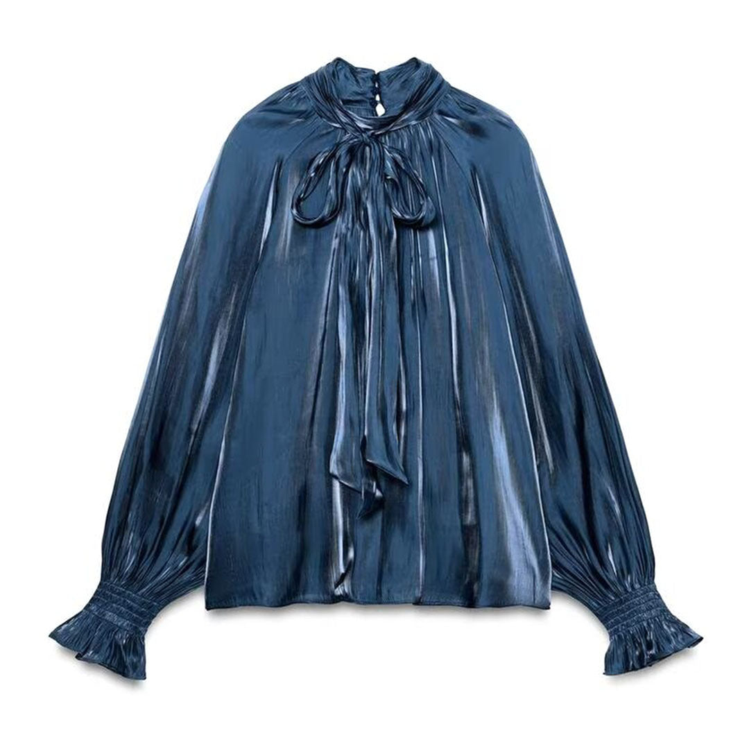 Women silk-like slip blouse with bow collar, pleated effect and ruched balloon sleeves EVA-US