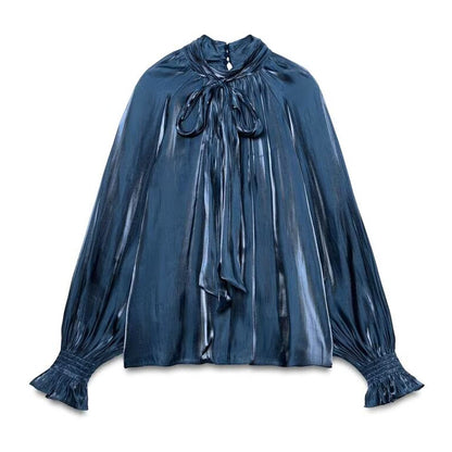 Women silk-like slip blouse with bow collar, pleated effect and ruched balloon sleeves EVA-US