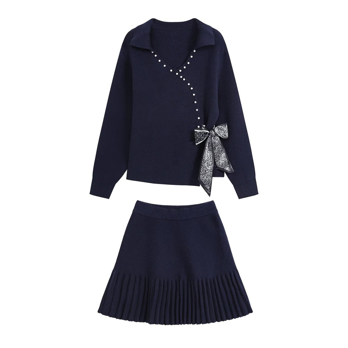 Ladies Two-Piece Fine Knit Set with V-Wrap Top, Bead Trim and Pleated Midi Skirt EVA-US