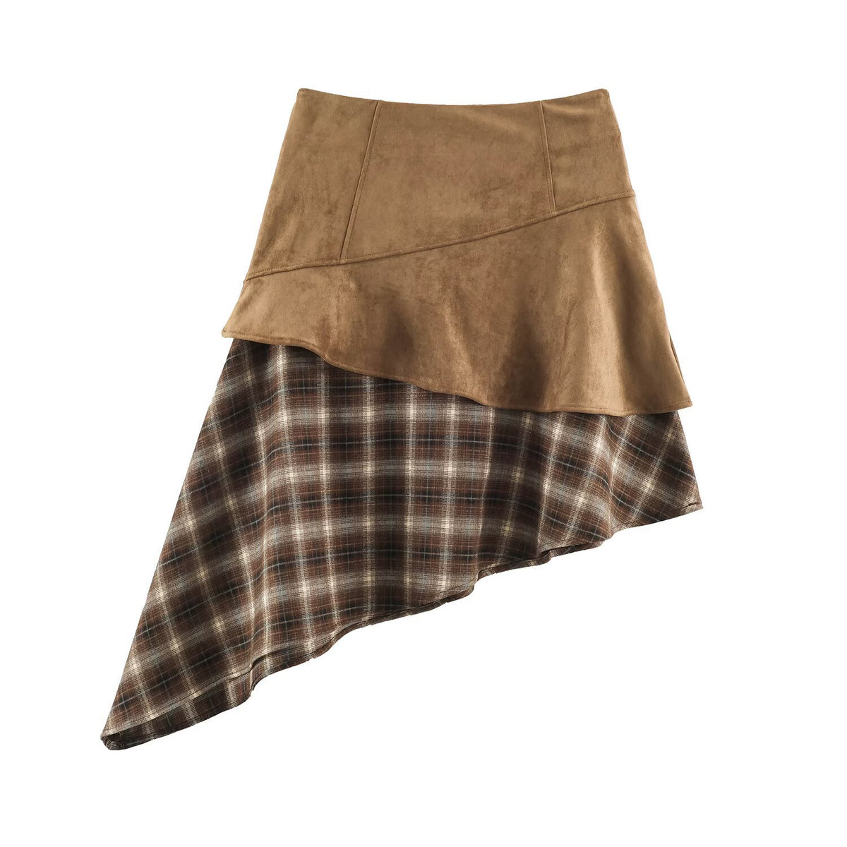 Women's asymmetrical layered skirt with faux leather overlay and checked chiffon ruffle EVA-US