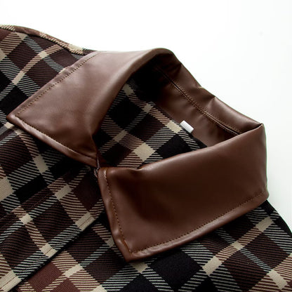 Women Checked Jacket with Faux Leather Collar, Drawstring Waist and Flap Pockets EVA-US