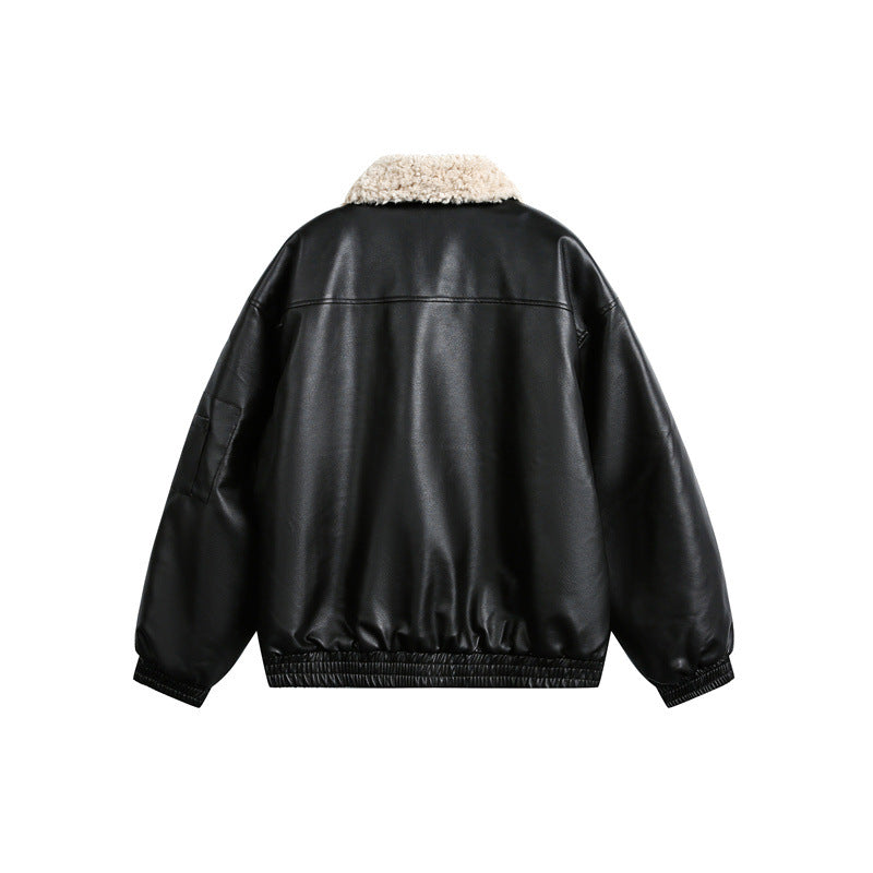 Men's aviator-inspired faux leather bomber jacket with teddy collar and sleeve utility pocket EVA-US