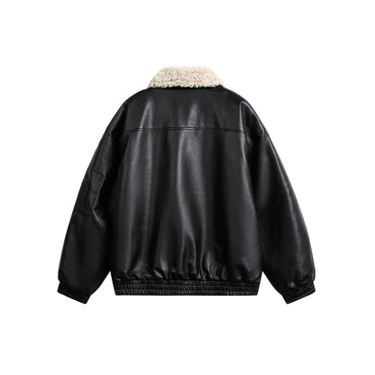 Men's aviator-inspired faux leather bomber jacket with teddy collar and sleeve utility pocket EVA-US