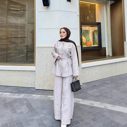 Ladies two-piece linen set with tailored pleat, wide leg and zip jacket EVA-US