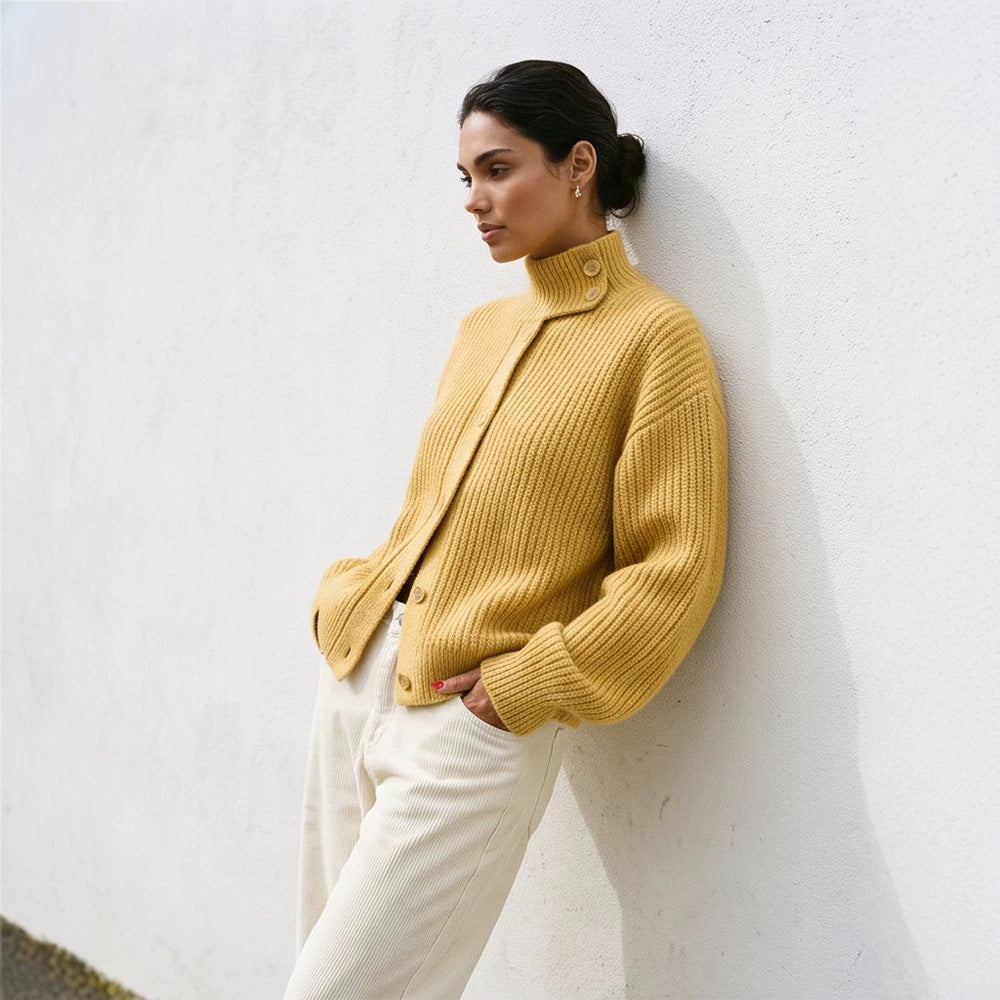 Women's Oversized Knit Jacket with Ribbed Structure and Stand-Up Collar EVA-US
