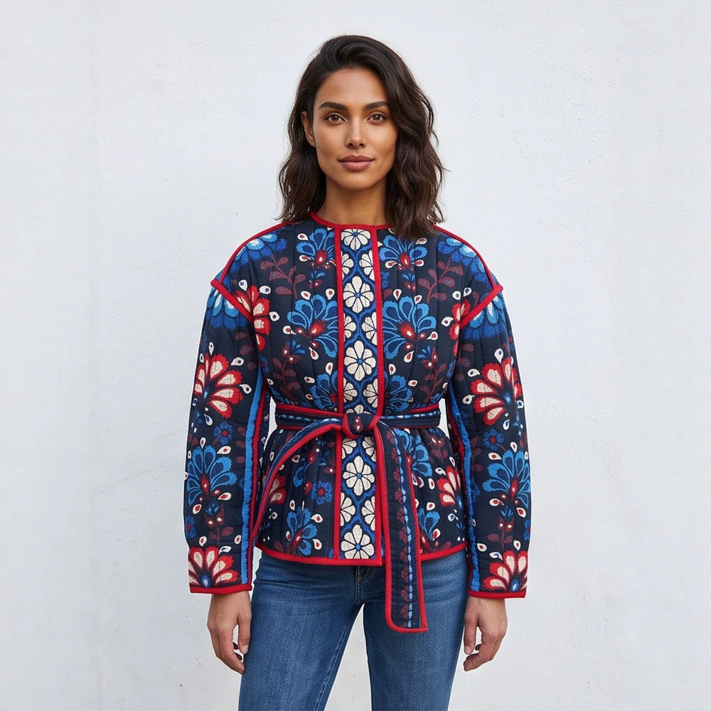Women's Tailored Quilted Jacquard Cotton Jacket with Folk Floral Pattern & Tied Belt EVA-US