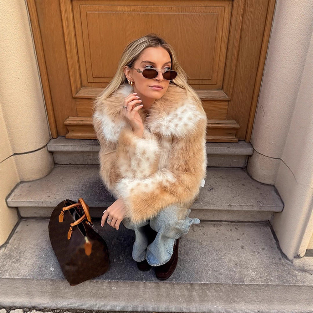 Women's Boxy Faux Fur Jacket with Two-Tone Shag Look and Notched Collar EVA-US