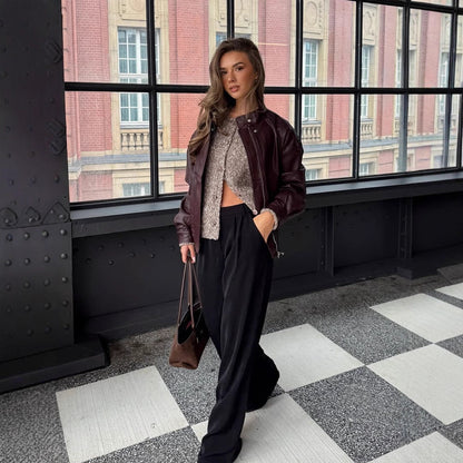 Women's Oversize Faux Leather Blouson with Sherpa Lining, Practical Flap Pockets & Two-Way Zipper EVA-US