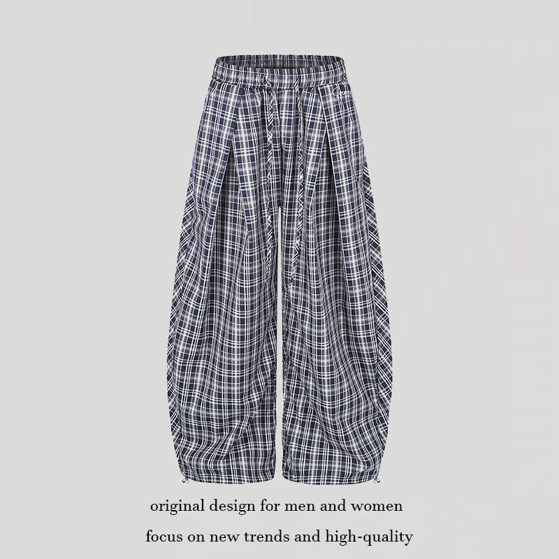 Women Wide Harem Balloon Pants with Elastic Waistband, Drawstring and Check Pattern EVA-US