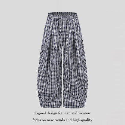 Women Wide Harem Balloon Pants with Elastic Waistband, Drawstring and Check Pattern EVA-US