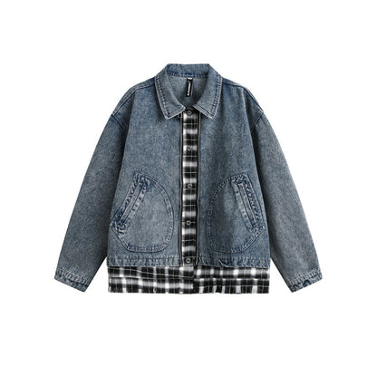 Unisex Kastig cut Denim jacket in layered look with checked lining EVA-US