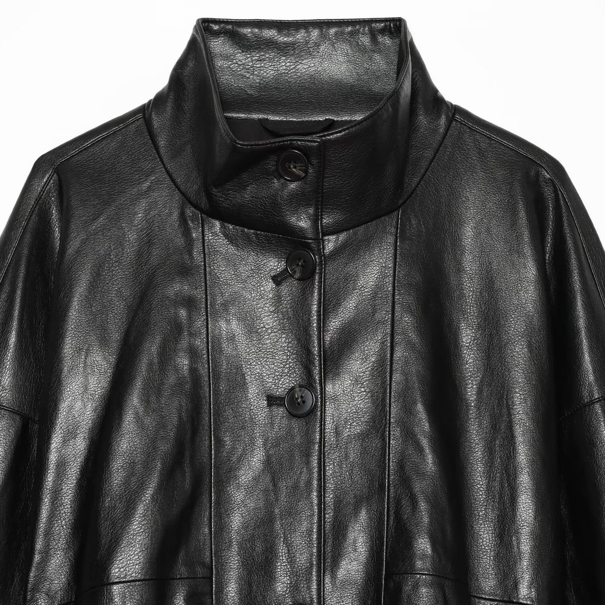 Women's Short Faux Leather Bomber Jacket with High Funnel Collar and Elastic Hem EVA-US