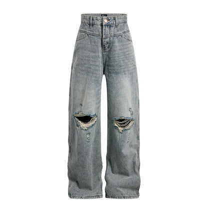 Women's Wide High-Cut Palazzo Jeans with Destroyed Knee Part