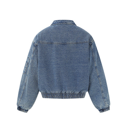 Unisex Boxy Denim Jacket with Full Zip, Elastic Hem and Sleeve Utility Pocket EVA-US