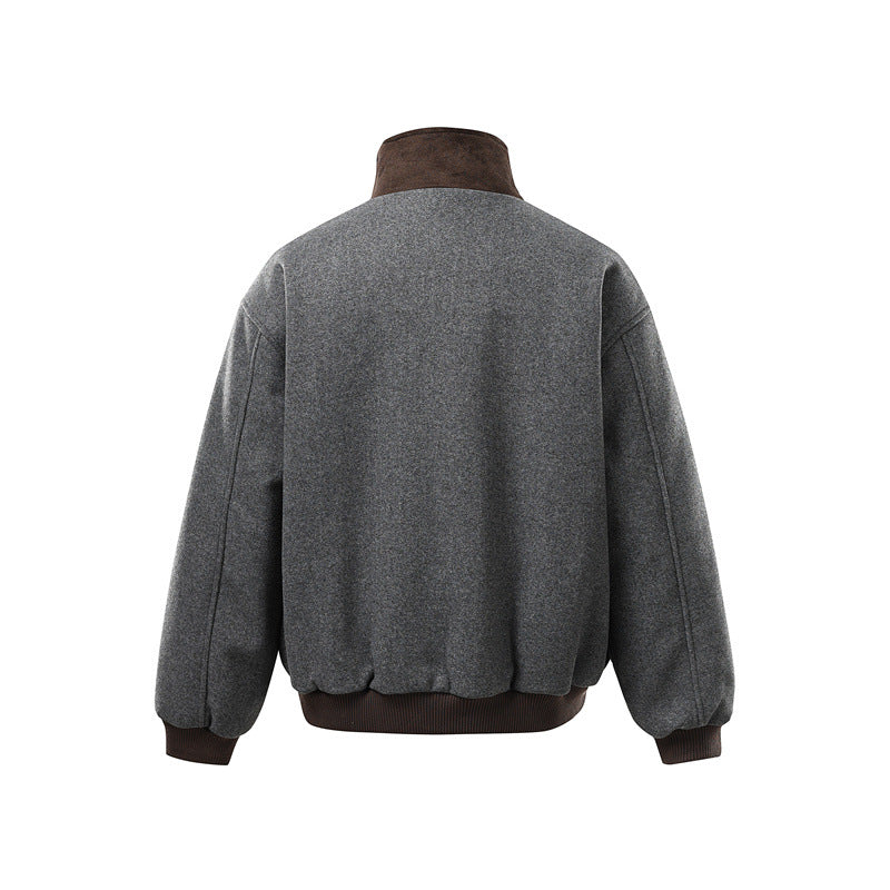 Men's short-cut boxy bomber made of wool blend with high buckle collar and velour trim EVA-US