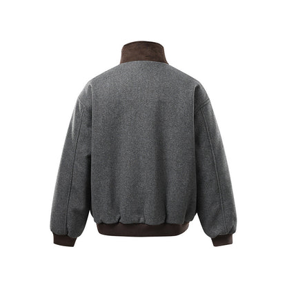Men's short-cut boxy bomber made of wool blend with high buckle collar and velour trim EVA-US