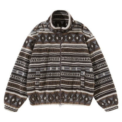 Unisex Short Jacket made of Teddy Fleece with Ethno Pattern and Stand-Up Collar EVA-US