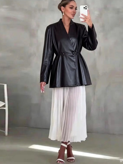 Women Tailored Wrap Blazer made of Imitation Leather with Flared Hem EVA-US