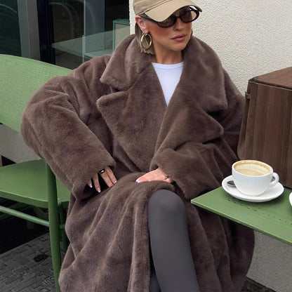 Women Oversize Faux Fur Maxi Coat with Wide Lapels