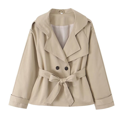 Women Cropped Trench Coat with Waist Belt, Wide Lapels and Cape Detail